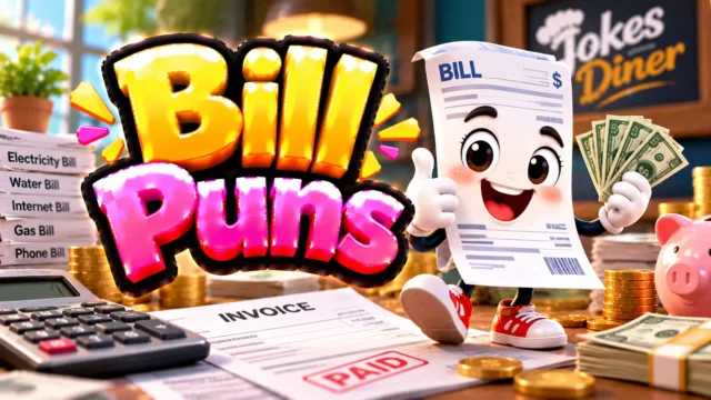 Bill Puns featured image with a cheerful invoice mascot, cash, coins, bills, and a calculator