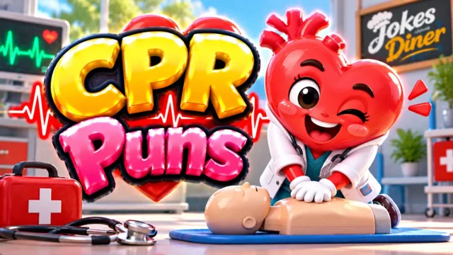 CPR Puns featured image with a cheerful heart mascot, CPR training manikin, and first-aid kit