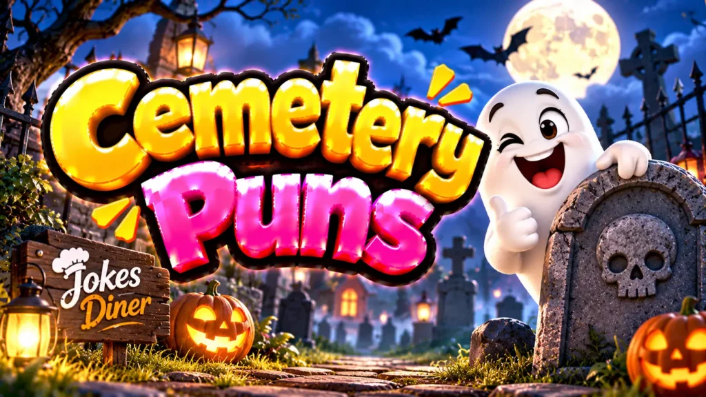 Cemetery Puns featured image with a cheerful ghost, tombstone, glowing pumpkins, and a full moon
