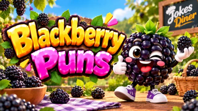 Blackberry Puns featured image with a cheerful blackberry mascot, fresh berries, and green leaves
