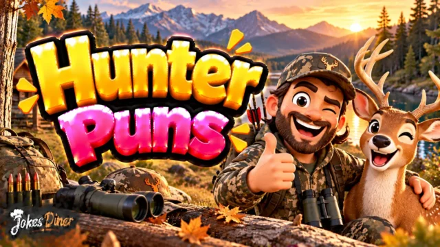 Hunter Puns featured image with a cheerful hunter, deer, forest, lake, and mountain scenery
