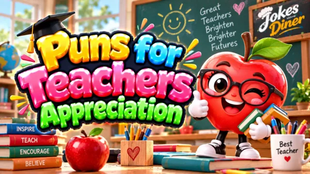 Puns for Teachers Appreciation featured image with a cheerful apple teacher mascot, books, and classroom supplies