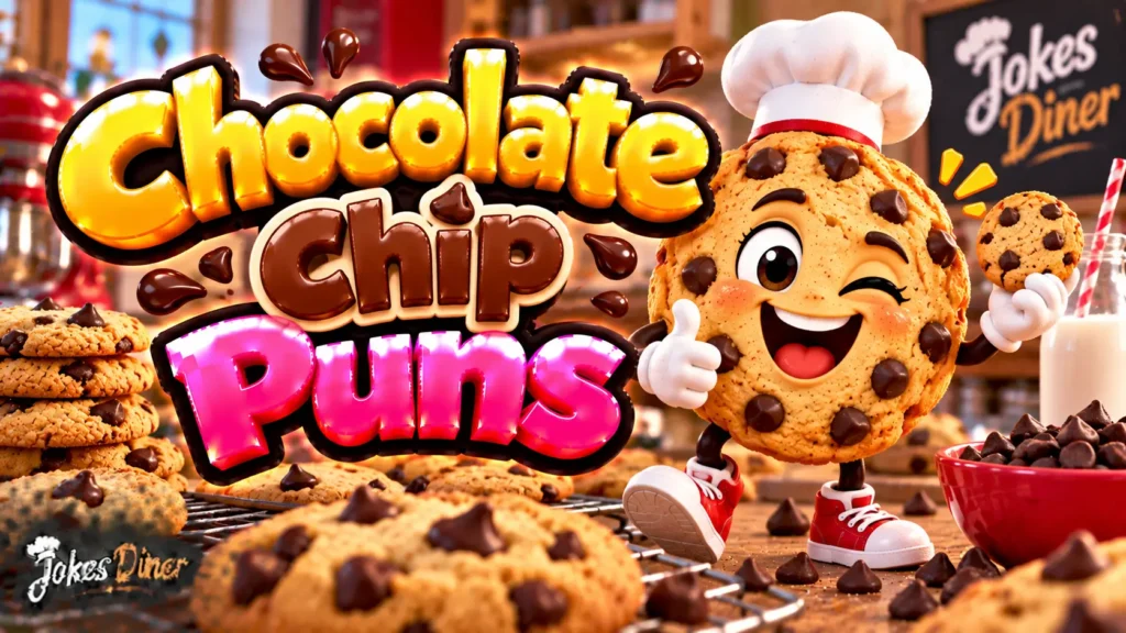 Chocolate Chip Puns featured image with a cheerful chocolate chip cookie mascot and fresh cookies