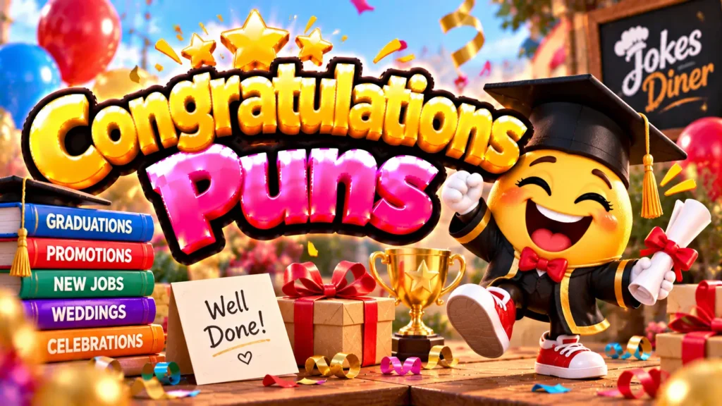 Congratulations Puns featured image with a cheerful graduation mascot, trophy, diploma, balloons, and gifts