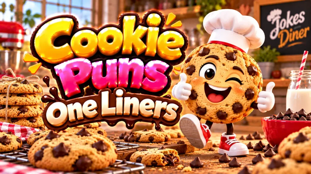 Cookie Puns One Liners featured image with a cheerful chocolate chip cookie mascot and fresh cookies