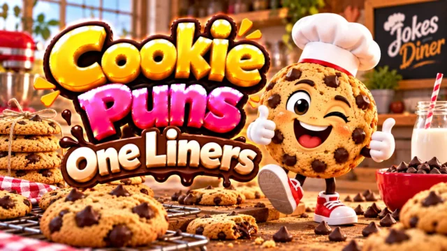 Cookie Puns One Liners featured image with a cheerful chocolate chip cookie mascot and fresh cookies