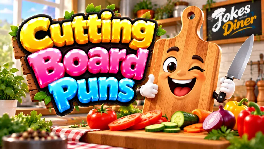Cutting Board Puns featured image with a smiling wooden cutting board mascot, chef's knife, and fresh vegetables