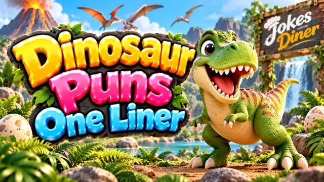Dinosaur Puns One Liner featured image with a cheerful green T-rex and colorful prehistoric scenery
