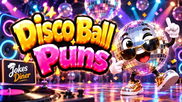Disco Ball Puns featured image with a dancing disco ball mascot, sunglasses, and colorful party lights
