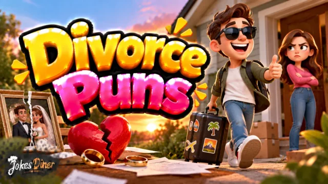 Divorce Puns featured image with a cheerful traveler, broken heart, wedding rings, and moving boxes