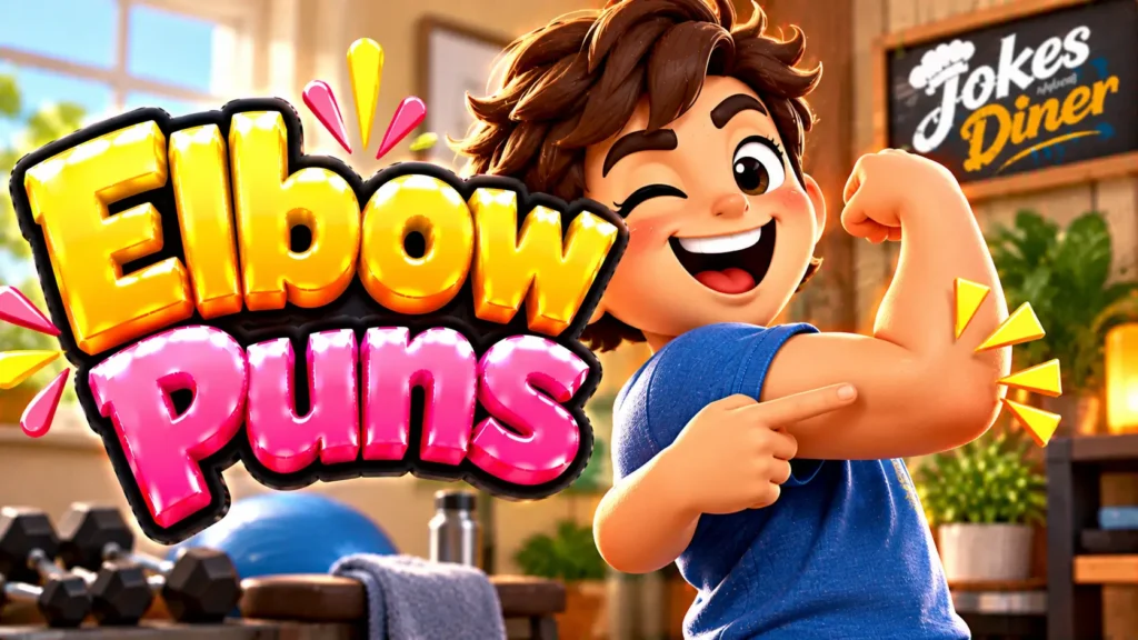 Elbow Puns featured image with a cheerful cartoon character flexing an arm and pointing to the elbow