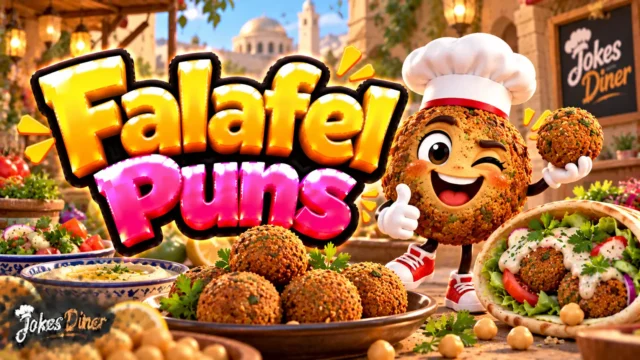 Falafel Puns featured image with a cheerful falafel mascot, pita wraps, hummus, and fresh vegetables