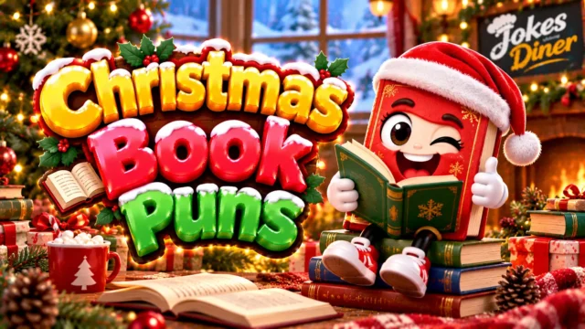 Christmas Book Puns featured image with a cheerful book mascot in a Santa hat and festive Christmas decor