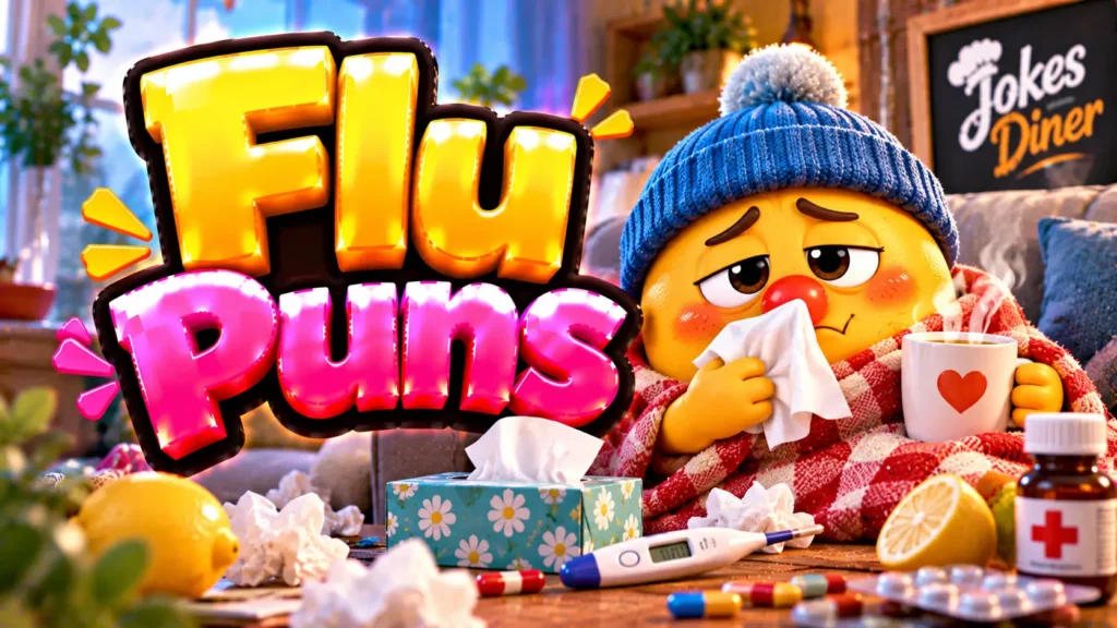 Flu Puns featured image with a sick-day mascot, tissues, thermometer, and warm mug