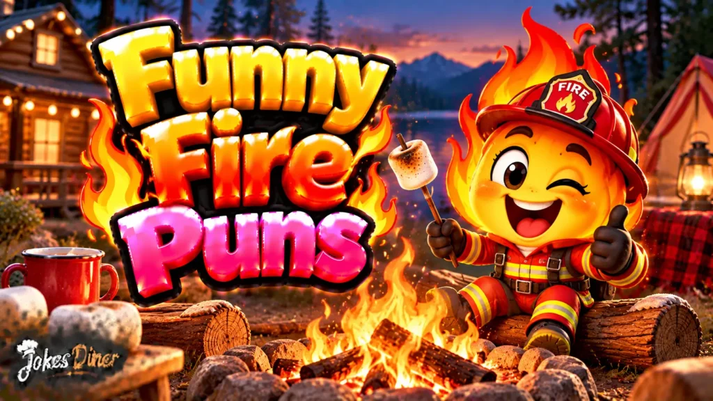 Funny Fire Puns featured image with a cheerful firefighter flame mascot and glowing campfire