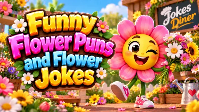 Funny Flower Puns and Flower Jokes featured image with a cheerful flower mascot and colorful garden