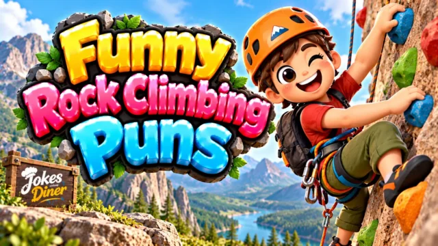 Funny Rock Climbing Puns featured image with a cheerful climber, colorful rock wall, and mountain scenery