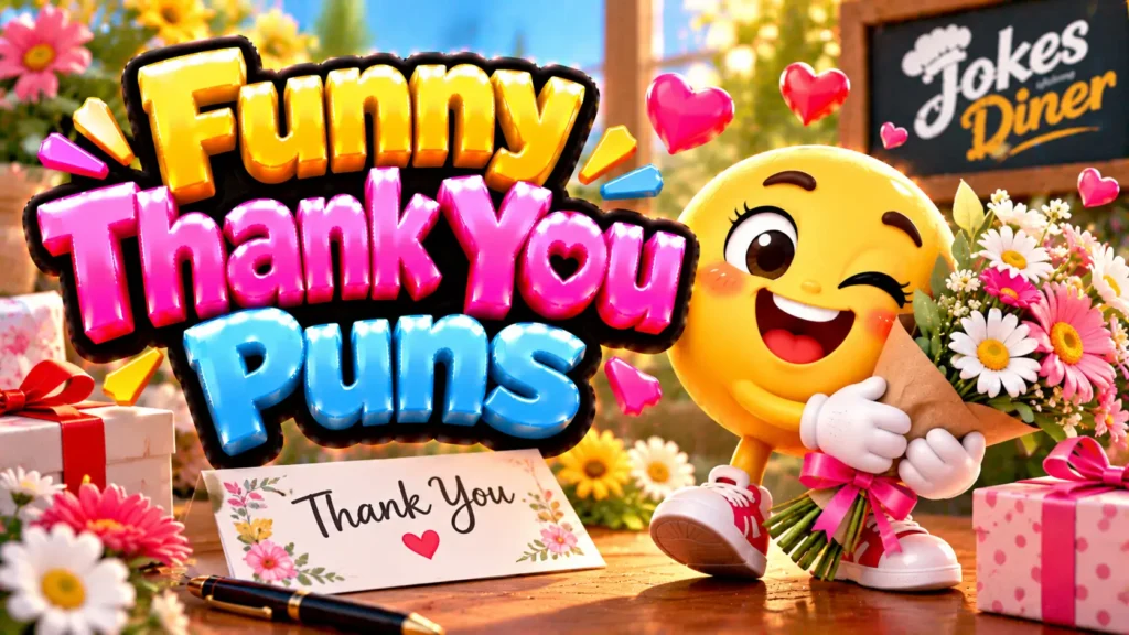 Funny Thank You Puns featured image with a cheerful emoji mascot, flower bouquet, hearts, and thank-you card