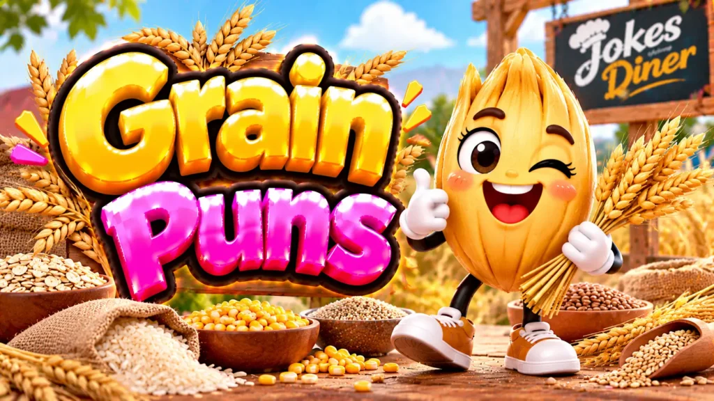 Grain Puns featured image with a cheerful wheat mascot, golden grain stalks, and bowls of cereal grains