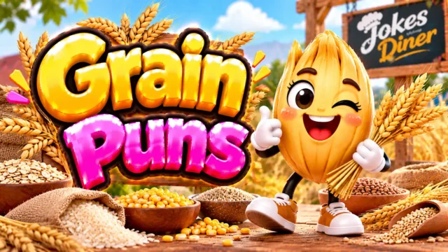 Grain Puns featured image with a cheerful wheat mascot, golden grain stalks, and bowls of cereal grains