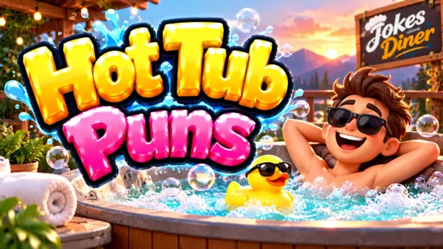 Hot Tub Puns featured image with a cheerful hot tub scene, bubbles, a rubber duck, and sunset views