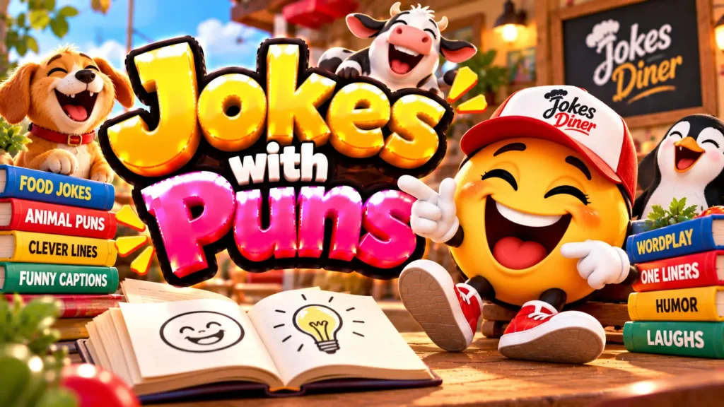 Jokes with Puns featured image with a cheerful mascot, laughing animals, and colorful humor books