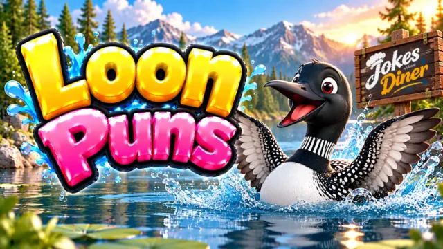 Loon Puns featured image with a cheerful loon splashing in a mountain lake surrounded by scenic peaks