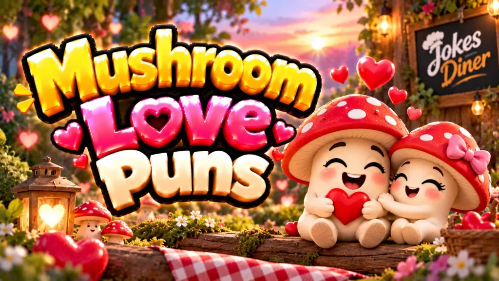 Mushroom Love Puns featured image with two cute mushroom mascots holding a heart in a romantic woodland scene