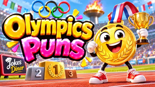 Olympics Puns featured image with a cheerful gold medal mascot, trophy, Olympic rings, and stadium