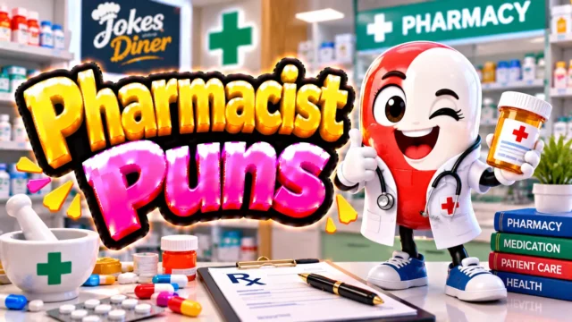 Pharmacist Puns featured image with a cheerful capsule mascot, prescription bottle, and pharmacy supplies