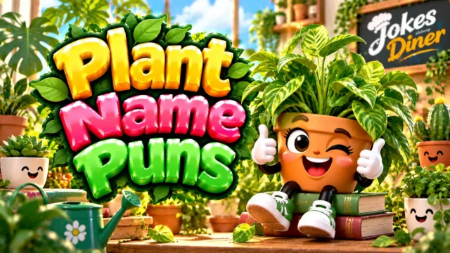 Plant Name Puns featured image with a cheerful potted plant mascot, leafy houseplants, and gardening decor