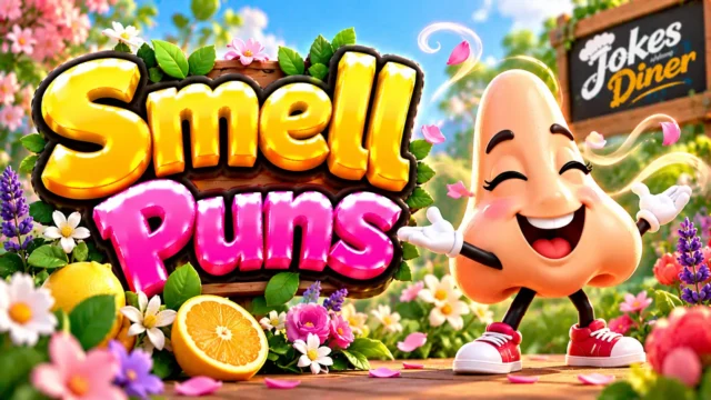 Smell Puns featured image with a cheerful nose mascot, colorful flowers, citrus, and swirling scent trails