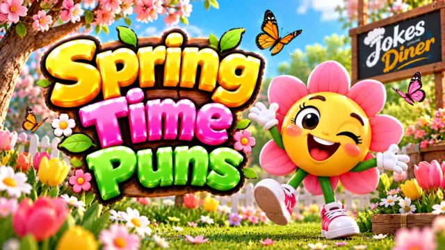 Spring Time Puns featured image with a cheerful flower mascot, colorful tulips, daisies, and butterflies