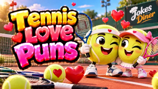 Tennis Love Puns featured image with two cute tennis-ball sweethearts, rackets, and floating hearts
