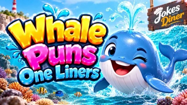 Whale Puns One Liners featured image with a cheerful blue whale, ocean waves, and colorful fish