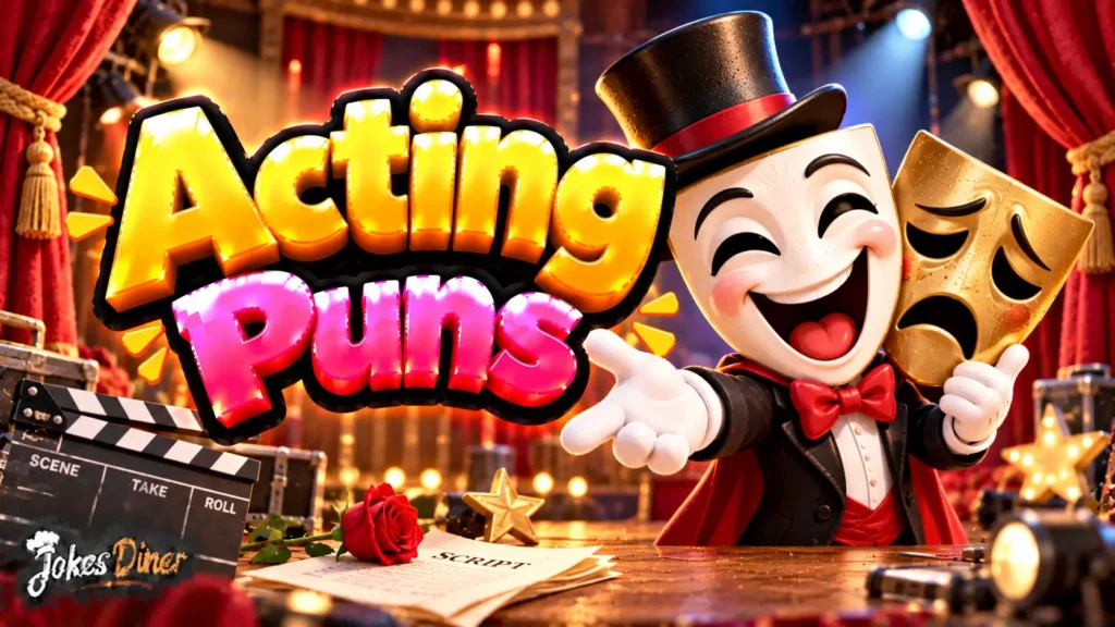 Acting Puns featured image with comedy and tragedy masks on a colorful theater stage