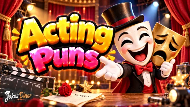 Acting Puns featured image with comedy and tragedy masks on a colorful theater stage