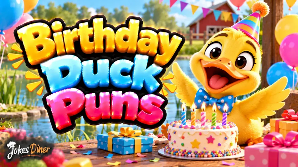 Birthday Duck Puns featured image with a cheerful duck, birthday cake, gifts, and colorful balloons