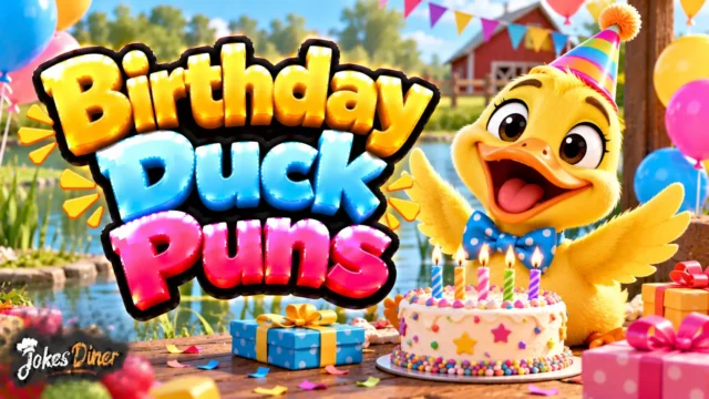 Birthday Duck Puns featured image with a cheerful duck, birthday cake, gifts, and colorful balloons