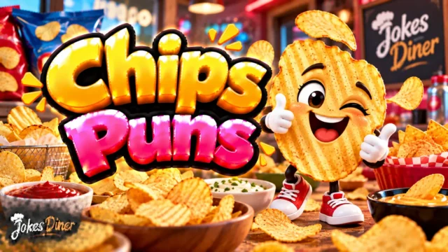 Chips Puns featured image with a cheerful potato chip mascot, crispy chips, and dipping sauces