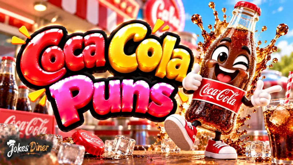 Coca Cola Puns featured image with a cheerful soda bottle mascot and fizzy cola splash