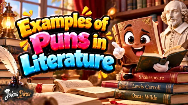 Examples of Puns in Literature featured image with books, Shakespeare, quills, and a cheerful book mascot