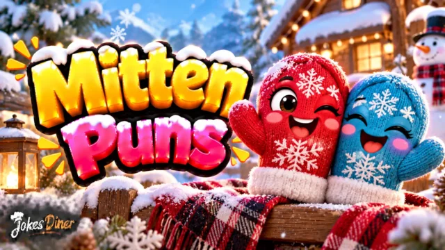 Mitten Puns featured image with cheerful knitted mittens, snow, and a cozy winter cabin