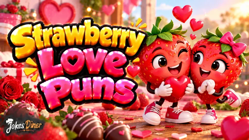 Strawberry Love Puns featured image with two cheerful strawberries, hearts, roses, and chocolate