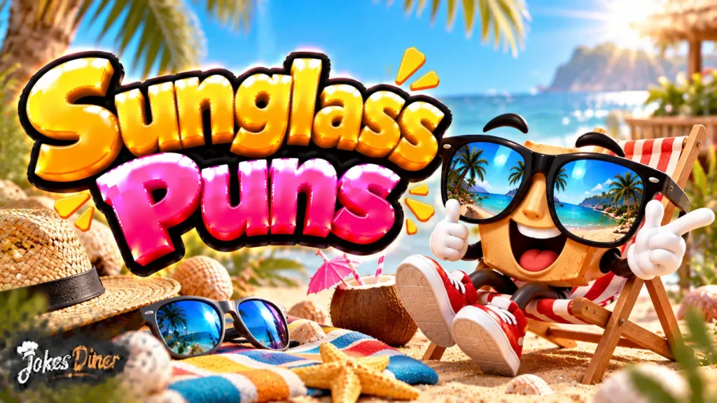 Sunglass Puns featured image with a cheerful sunglass mascot on a sunny tropical beach