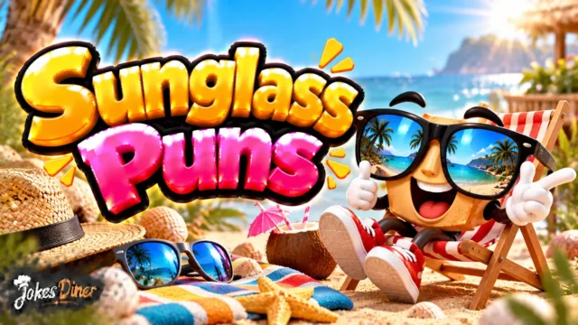 Sunglass Puns featured image with a cheerful sunglass mascot on a sunny tropical beach